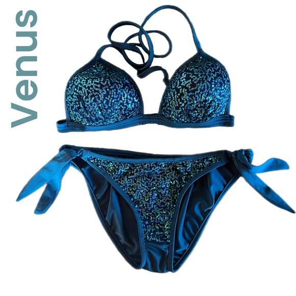 VENUS Swim Venus Swim Bottoms In Turquoise With Aqua Sequins Size